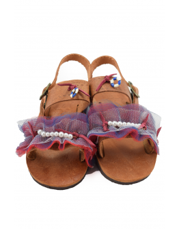 Handmade leather sandals for kids with tulle and white pearls