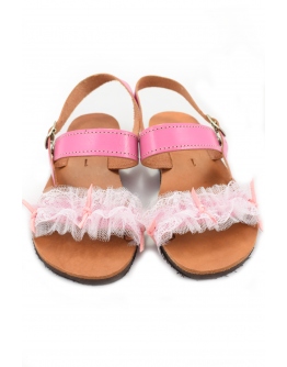 Handmade leather sandals for kids with pink tulle