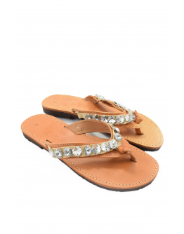 Handmade leather sandals for women with white crystals