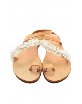 Handmade leather sandals for women - lace and pearls