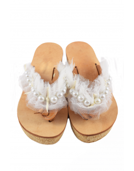 Handmade leather flatforms with white tulle and pearls